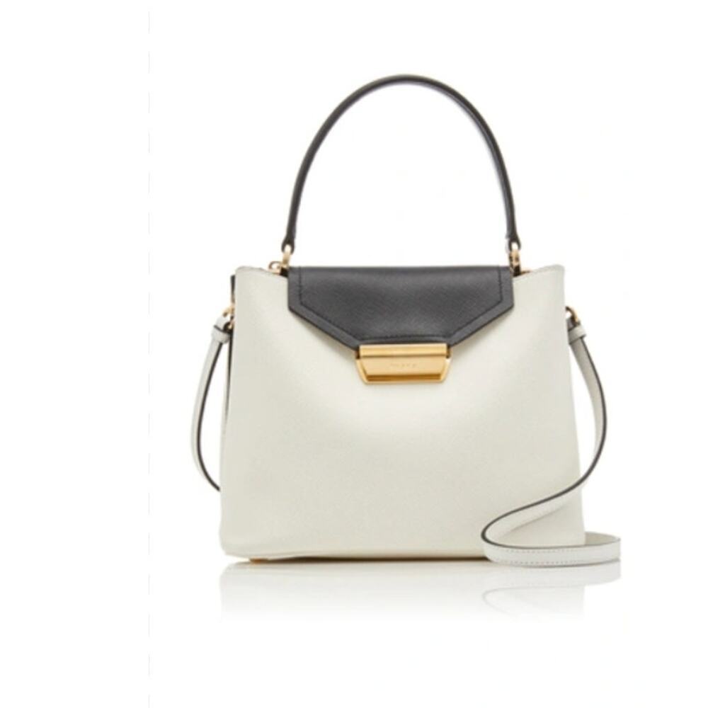 Prada Cartella Saffiano Leather Top Handle Bag White Black Gold HW NWOT